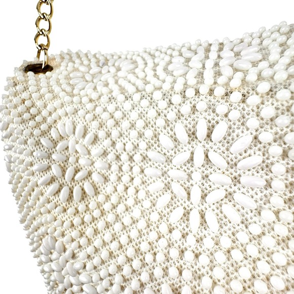 Vintage Handbags - VTG‎ Beaded Purse Ivory Gold Shoulder Chain Evening Retro Elegant Formal 50s 60s